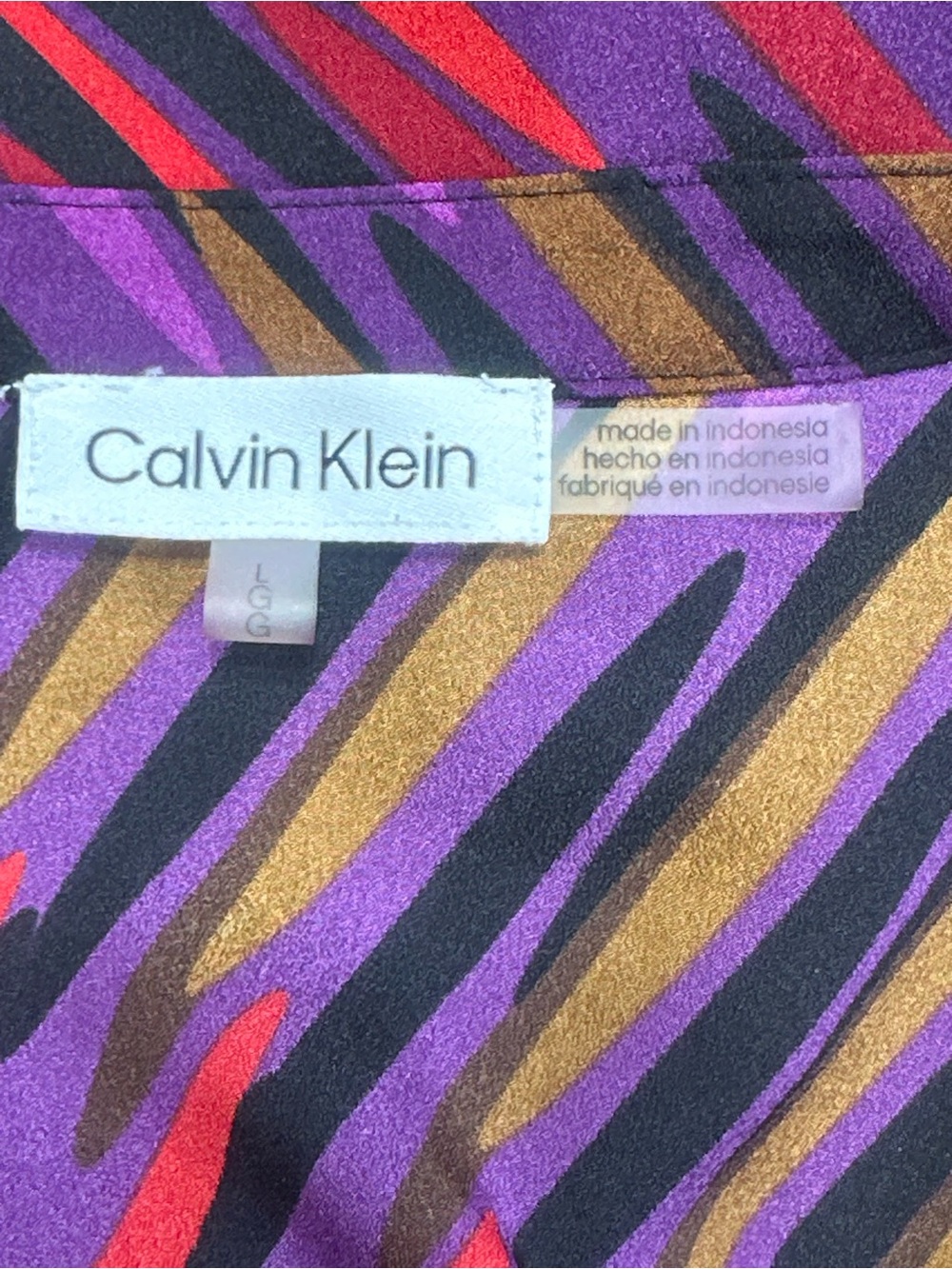 Calvin Klein Women’s L Purple Abstract Semi Sheer Button Front Blouse Top - Picture 7 of 11